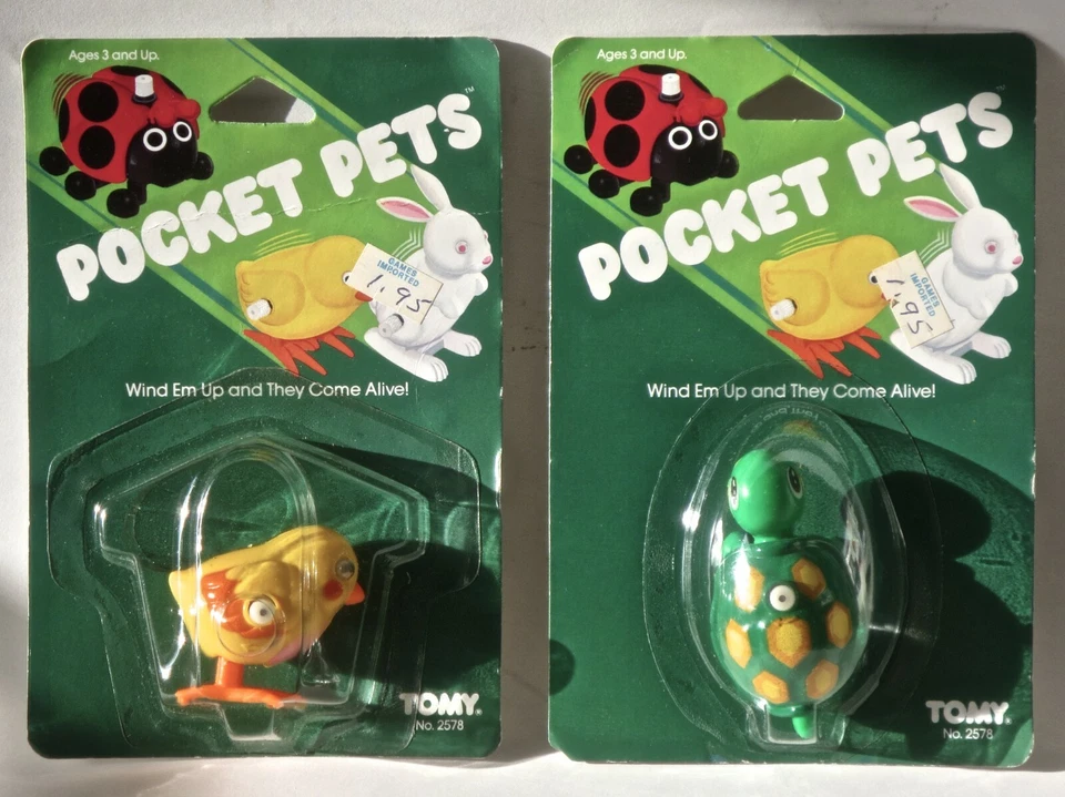 Tomy POCKET PETS. Chicken and Turtle Wind Up Toys. VINTAGE 1985. In Pkg.