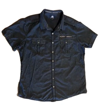 Rock & Republic Mens 2XL Shirt Gray 100% Cotton Stripe Button Front Zip Pocket - Image 1 of 4