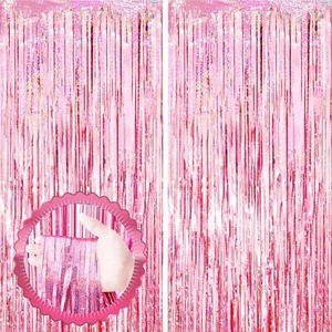 2 Pack Laser Pink Tinsel Foil Fringe Curtains, Pink Party Decorations, Metall... - Picture 1 of 7