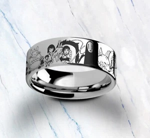 Engraved Studio Ghibli Ring, Totoro Ring, Tungsten Carbide Ring - 8mm - Picture 1 of 5