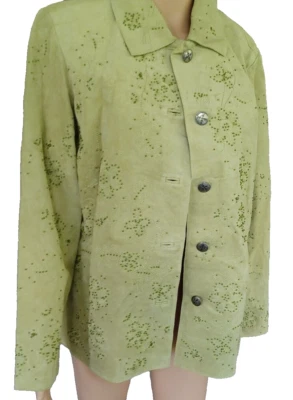 Chaqueta para mujer Chico's Design gamuza cuero bordado cuentas verde pálido talla 1 Foto 1 de 4