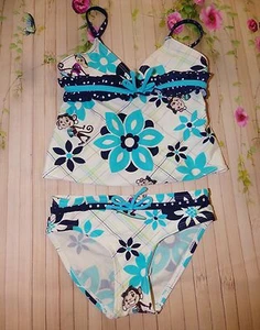 Girl's Monkey Blue Flowers 2 Piece Tankini Set Size XS 4/5 Swimsuit - Picture 1 of 7