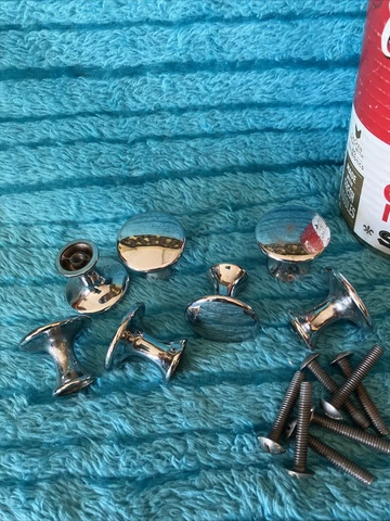 7 Vintage MCM Chrome Brass 1" Round Stemmed Mushroom Knob Pulls Screws Cover