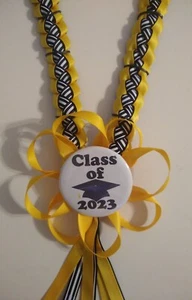 Graduation lei ribbon 2025 light gold ribbon black and white striped - Picture 1 of 6