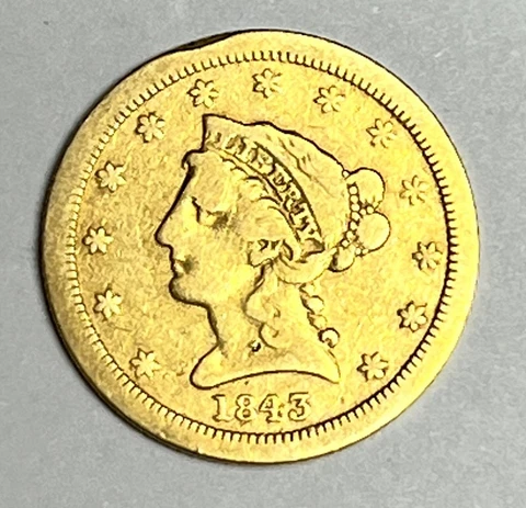 1843-O Liberty Head $2.50 Gold Quarter Eagle VF Details (rim) coin 2 1/2 Cover