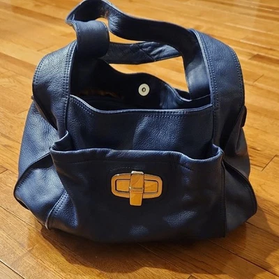 B. Makowsky Soft Glove Leather Satchel Dark Blue Leather Shoulder Bag - Image 1 of 4