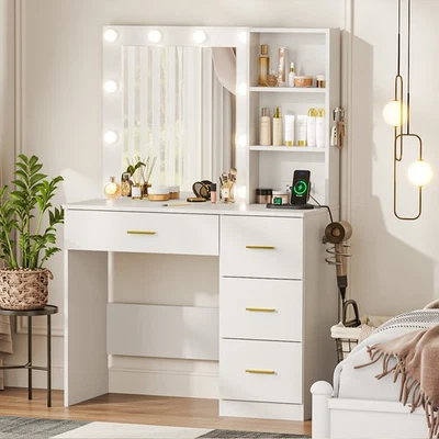 Tocador blanco maquillaje tocador escritorio juego con espejo iluminado 10 LED y cajones Foto 1 de 4