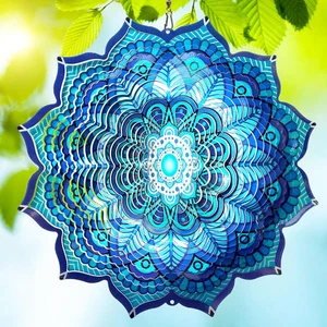 Wind Spinner Mandala Rich Blue 12Inch 3D Stainless Steel Wind Spinners Laser Cut - Picture 1 of 12