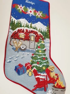 L.L. Bean Needlepoint Katelyn Embroidered Camper Christmas Stocking - Picture 1 of 7