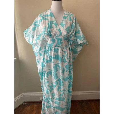 Vintage Women's Aloha Caftan Dress Hilo Hattie Blue & White Floral Print OSFM - Image 1 of 4
