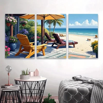 3pcs Beach Scene With Palm Trees And Ocean View Wall Art Canvas Framed 50x70cm - Image 1 of 2