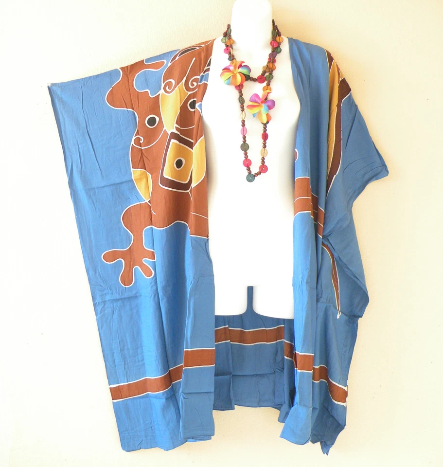 CM71 Gecko Hand Painted 38" Kimono Plus Size Open Duster Midi Cardigan up to 5X - Image 1 of 1