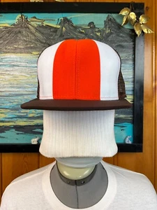 Lucky Stripe Orange Brown White Hat Mesh Trucker Baseball Brimmed Snap Back - Picture 1 of 13