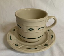 Longaberger Pottery Heritage Green Cup & Saucer Set (2 Pieces) Made in Usa