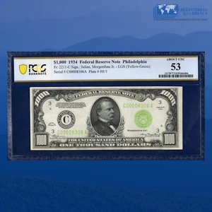 Fr.2211-C 1934 $1000 Dollars FRN Philadelphia, Lime Green Seal, PCGS AU 53 #8306 - Picture 1 of 3