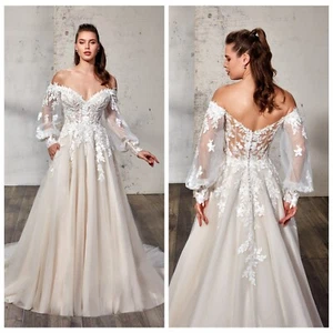 Vestido de novia de diseñador vestido de novia champán desmontable mangas de obispo 2-28W - Imagen 1 de 12