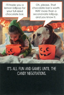 RECYCLED PAPER GREETINGS Candy Negotiations Girl and Dog with Candy Buckets Funny Halloween Card