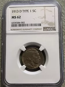 1913-d t-1 Buffalo nickel , choice Uncirculated, NGC MS62 - Picture 1 of 6