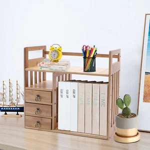 Bamboo Desktop Bookshelf Storage Organizer Display Shelf Rack Adjustable New - Picture 1 of 15