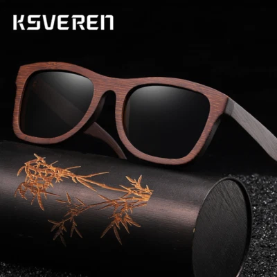 Gafas de sol cuadradas polarizadas de madera de bambú para hombres mujeres con marco de madera marrón Foto 1 de 4
