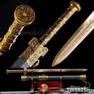 39" Chinese Han Dynasty Jian Kung Fu Double Edged Sword Carbon Steel Gold Blade - Picture 1 of 12