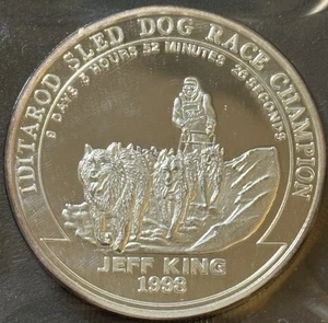 1998 1 Oz .999 Fine Silver Iditarod Sled Dog Race Jeff King State Seal Of Alaska - Bild 1 von 2