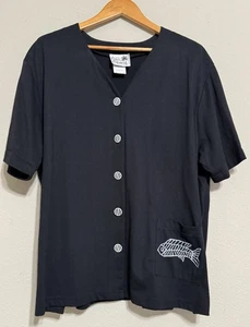 Vintage Copa Cabana Damen 2X Bluse Top schwarz kunstvolle Knöpfe Kunst zum Tragen Fisch - Bild 1 von 9