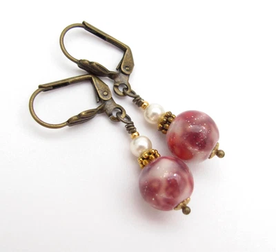 Pendientes Boho Hippie Cuentas Rojas Vidrio Latón Antiguo Cristal Perlas Regalo de Vacaciones Foto 1 de 4