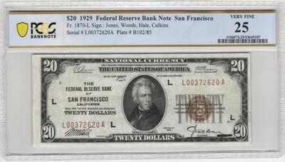 Fr.1870-L 1929 San Francisco $20 Federal Reserve Bank Note PCGS Very Fine 25 - Image 1 of 2