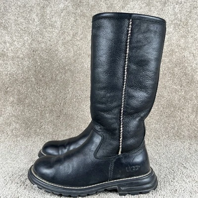 UGG Boots Womens Size 5 Black Leather Shearling Lined Brooks Tall Lug Soles - Image 1 of 4