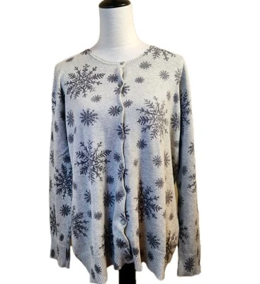 Cárdigan Eddie Bauer para mujer gris copo de nieve talla 2XL mezcla de algodón tejido suéter Foto 1 de 4