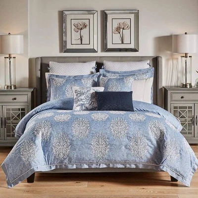 Juego de 3 fundas de almohada y edredón Croscill Zoelle King azul bordado algodón Foto 1 de 4