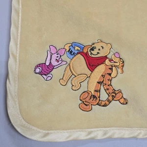 Disney Winnie the Pooh Baby Blanket Yellow Satin Trim Applique Tigger Piglet - Picture 1 of 4