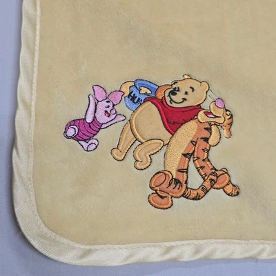 Disney Winnie the Pooh Baby Blanket Yellow Satin Trim Applique Tigger Piglet - Image 1 of 4