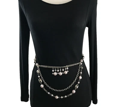 Cinturón de cadena para mujer plateado XS-S Swag metal cuentas rosa imitación perla lazo damas Foto 1 de 4