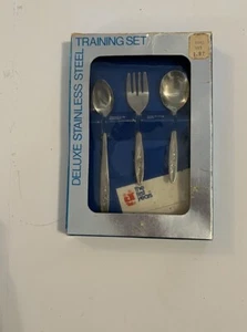 First Years Deluxe Stainless Taiwan Vintage Fork & Spoon Rose Pattern In Box - Picture 1 of 4