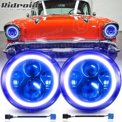 For Chevrolet Bel Air 1955 1956 1957 7" inch Round LED Headlights Blue Halo DRL Foto 1 de 4