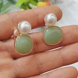 CLIP ON oval FAUX JADE GEM retro PEARL vintage style EARRINGS no-hole GOLD TONE - Picture 1 of 6