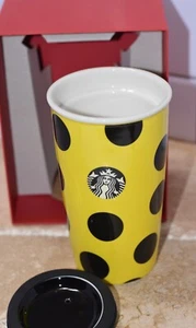 2015 STARBUCKS Siren Yellow w/ Black polka dots Ceramic Travel Cup/Mug 12oz NWT - Picture 1 of 7