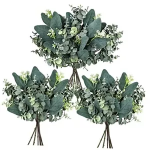 20 Pcs Mixed Artificial Oval Eucalyptus Leaves Bulk with White Seeds Stems - Picture 1 of 8