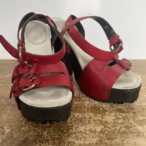 Miu Miu Platform Sandals Heels Block Red Leather Buckle 38 - Picture 1 of 16