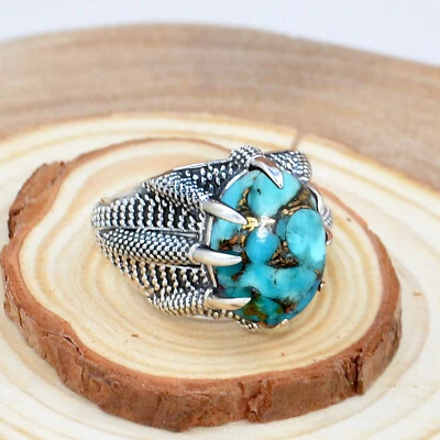 Anillo de plata de ley 925 hecho a mano azul cobre turquesa corte ovalado para hombre joyería Foto 1 de 3