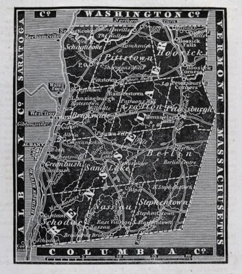 Mapa grabado en madera Gordon 1836 condado de Rensselaer NY Troy Albany Hoosick Falls Hudson R. Foto 1 de 3