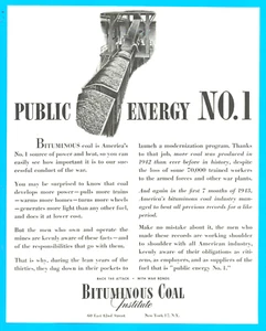 1943 WWII Bituminous Coal America's power and heat PRINT AD mines fuel energy - Picture 1 of 3
