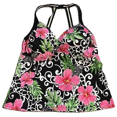 NUEVO CON ETIQUETAS FIT 4U MUJER TANKINI Plus Talla 24W NEGRO BLANCO con PRESIÓN FLORAL VERDE ROSA Foto 1 de 4