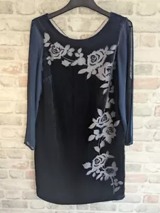 Jacques Vert Dress Size UK 12 Devore Velvet Shift Navy Blue Chiffon Sleeves - Picture 1 of 10