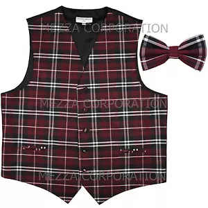 New Vesuvio Napoli Men's plaid checkered Tuxedo Vest Waistcoat_Bowtie Burgundy - Picture 1 of 5