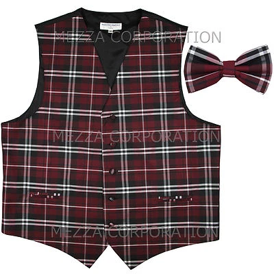New Vesuvio Napoli Men's plaid checkered Tuxedo Vest Waistcoat_Bowtie Burgundy - Image 1 of 4