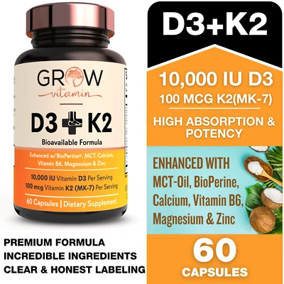 Grow Vitamin D3 + Vitamin K2 365 Softgels - 10000IU Vitamin D3 and k Per Serving - Image 1 of 4