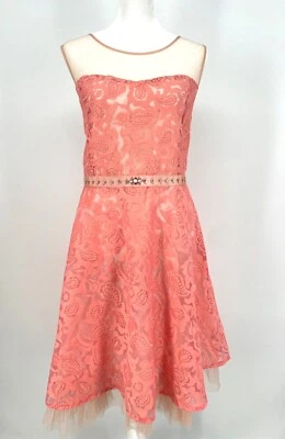 Ryu 1X Vestido de Formatura Rosa Coral Renda Rede de Tule Ilusão de Pêssego Joias Rockabilly  - Imagem 1 de 4